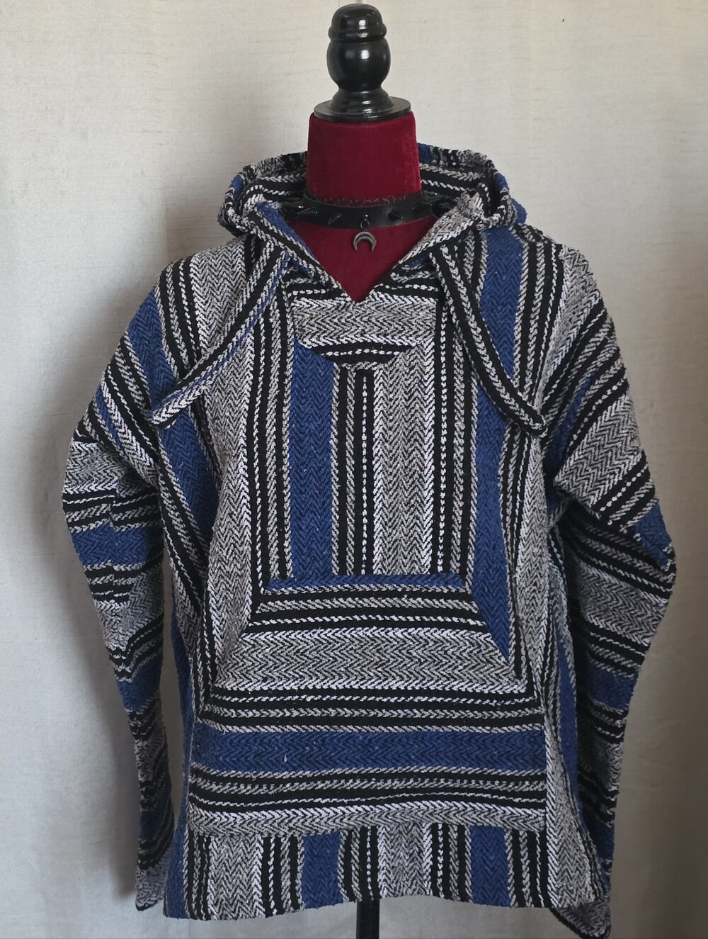 Blue & Gray Striped Hooded Baja Pullover Sweater